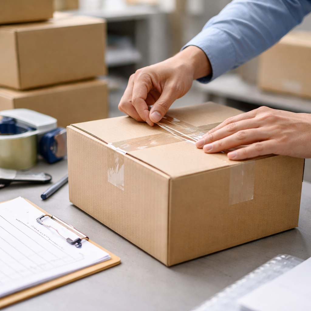 Manos revisando el sellado de una caja en bodega durante control de importación sanitaria