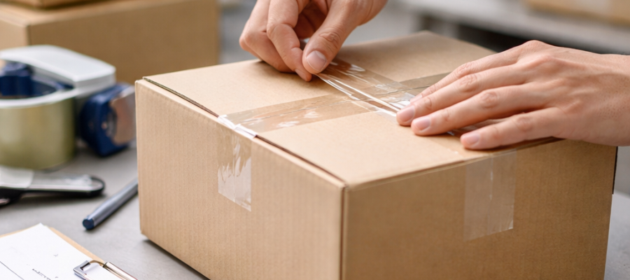 Manos revisando el sellado de una caja en bodega durante control de importación sanitaria