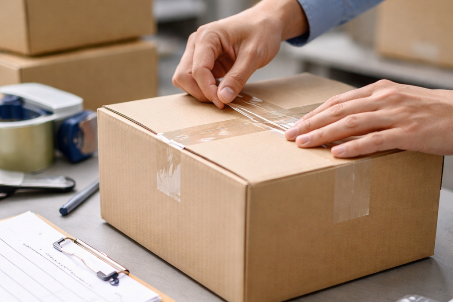 Manos revisando el sellado de una caja en bodega durante control de importación sanitaria