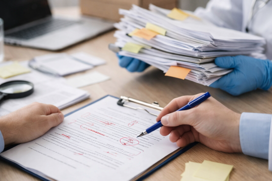 Manos revisando un documento con correcciones en rojo en un portapapeles, junto a un montón de papeles con notas adhesivas en un escritorio de oficina.