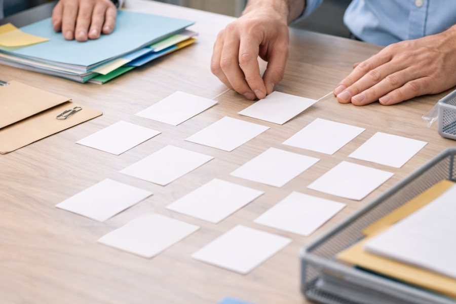 Manos organizando tarjetas en blanco y carpetas en una mesa de trabajo para coordinar controles de importación sanitaria