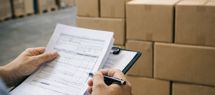 Persona revisando documentos en portapapeles frente a cajas apiladas en una bodega de almacenamiento.