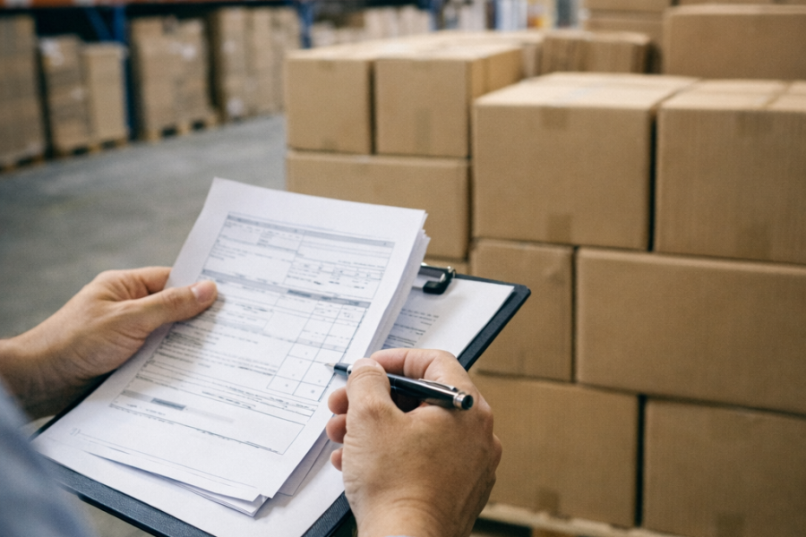 Persona revisando documentos en portapapeles frente a cajas apiladas en una bodega de almacenamiento.